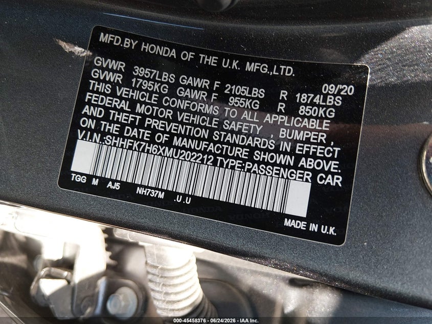 2021 Honda Civic VIN SHHFK7H6XMU202212 IAAI salvage auction — FRONT END, Salvage Title, sold $3,950 on 2026-07-23 (photo 9)