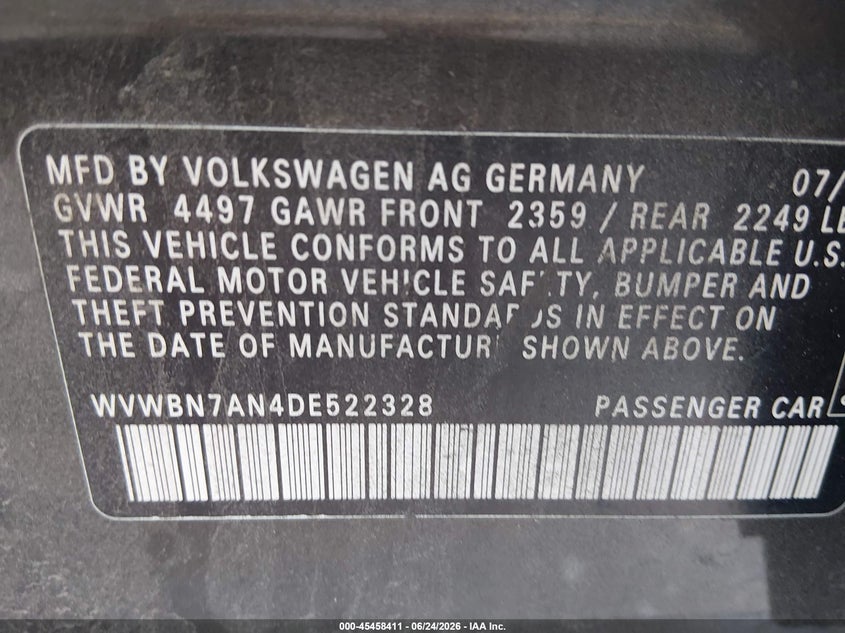 2013 Volkswagen Passat cc VIN WVWBN7AN4DE522328 IAAI salvage auction — HAIL, Clear (Colorado), sold $25 on 2026-07-28 (photo 9)
