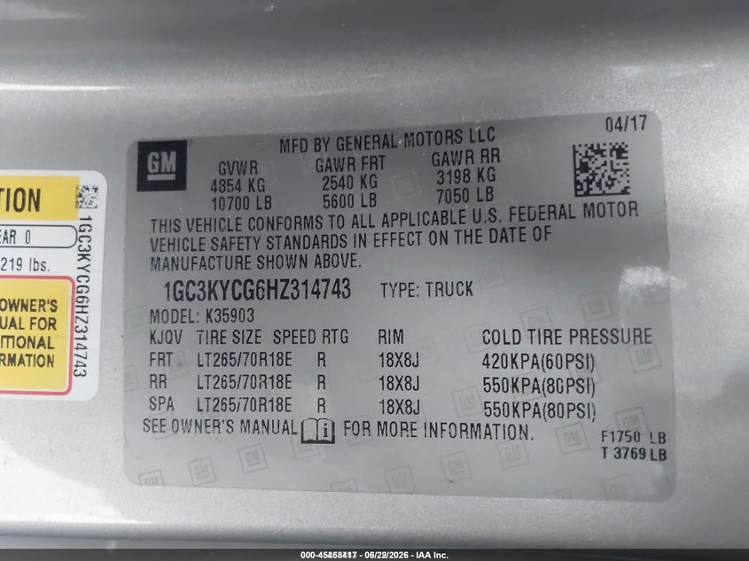 2017 Chevrolet Silverado VIN 1GC3KYCG6HZ314743 IAAI salvage auction — ALL OVER, SF97 (New Hampshire), sold $9,250 on 2026-07-31 (photo 9)