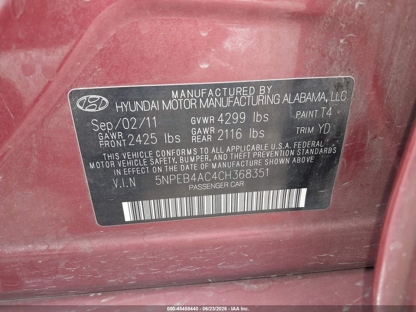 2012 Hyundai Sonata VIN 5NPEB4AC4CH368351 IAAI salvage auction — VANDALISM, Salvage (California), sold $500 on 2026-07-09 (photo 9)
