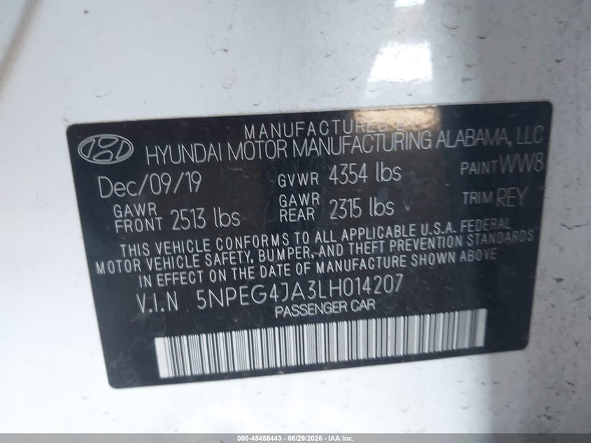 2020 Hyundai Sonata VIN 5NPEG4JA3LH014207 IAAI salvage auction — REAR END, Salvage (Arizona), sold $3,625 on 2026-07-14 (photo 9)