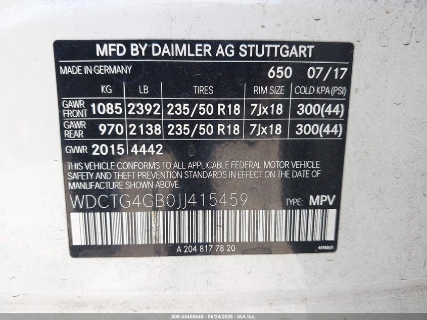 2018 Mercedes-benz Gla-klasse VIN WDCTG4GB0JJ415459 IAAI salvage auction — FRONT END, Salvage Title, sold $2,250 on 2026-07-29 (photo 9)