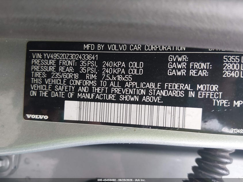 2013 Volvo Xc60 VIN YV4952DZ3D2433641 IAAI salvage auction — FRONT END, Salvage Title, sold $800 on 2026-08-03 (photo 9)