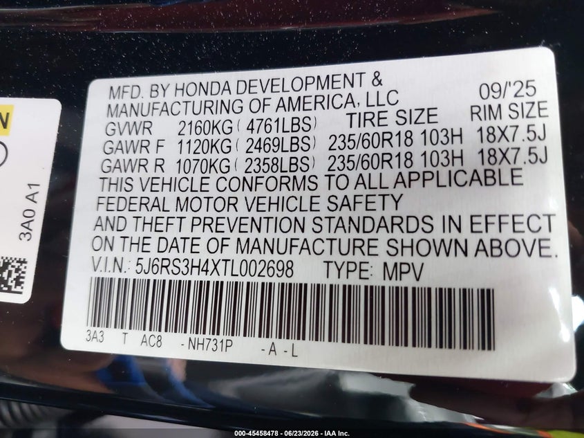 2026 Honda Cr-v VIN 5J6RS3H4XTL002698 IAAI salvage auction — RIGHT REAR, Salvage Title, sold $11,900 on 2026-08-22 (photo 9)