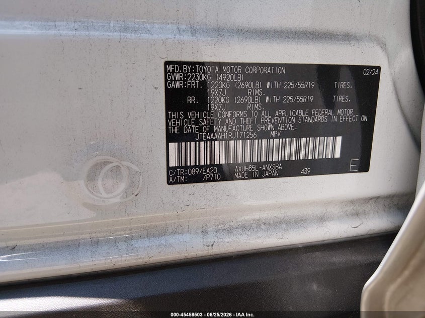 2024 Toyota Venza VIN JTEAAAAH1RJ171256 IAAI salvage auction — ROLLOVER, Salvage (California), sold $7,000 on 2026-07-29 (photo 9)