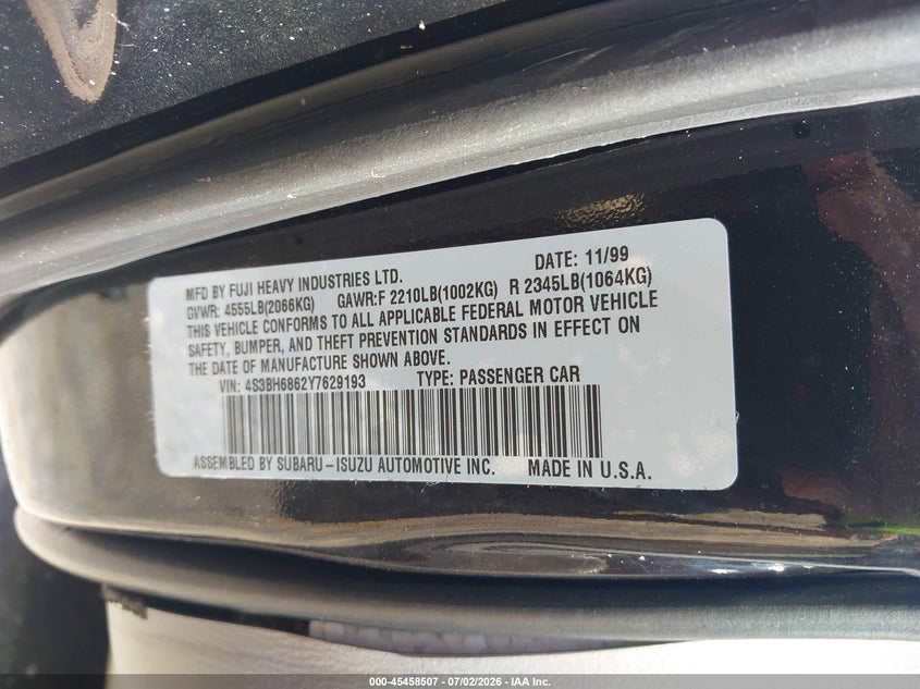 2000 Subaru Outback VIN 4S3BH6862Y7629193 IAAI salvage auction — WATER/FLOOD, Salvage (Mississippi), sold $225 on 2026-07-31 (photo 9)