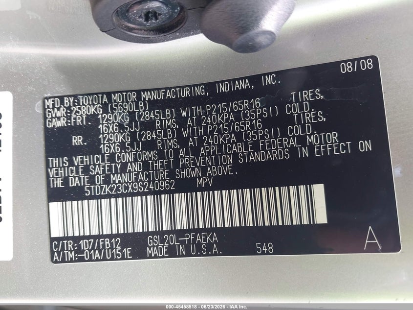 2009 Toyota Sienna VIN 5TDZK23CX9S240962 IAAI salvage auction — LEFT REAR, Salvage (Texas), sold $1,950 on 2026-07-09 (photo 9)