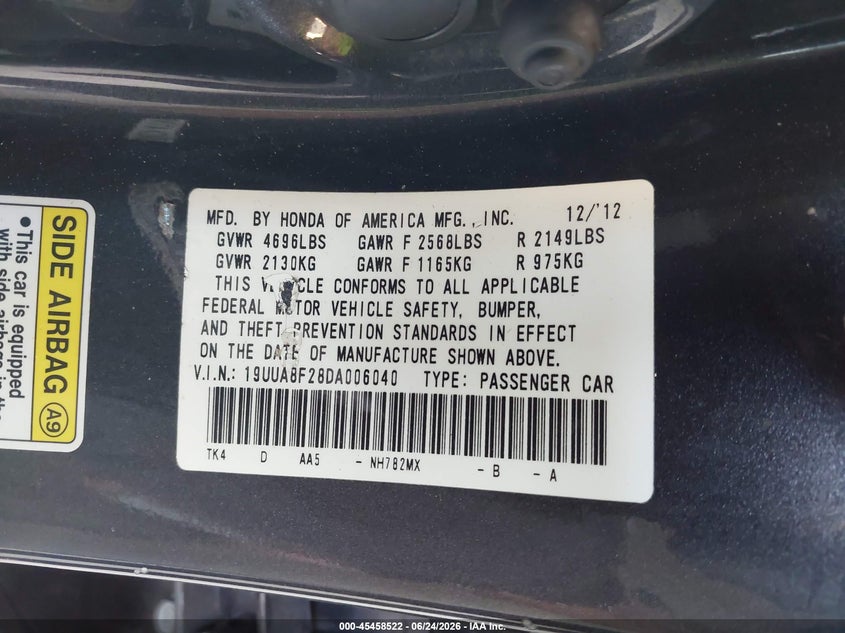 2013 Acura Tl VIN 19UUA8F28DA006040 IAAI salvage auction — SIDE, Bill Of Sale (Washington), sold $1,500 on 2026-07-09 (photo 9)