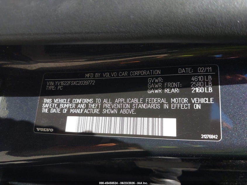 2012 Volvo S60 VIN YV1622FSXC2039772 IAAI salvage auction — FRONT END, Clear (Indiana), sold $25 on 2026-07-22 (photo 9)