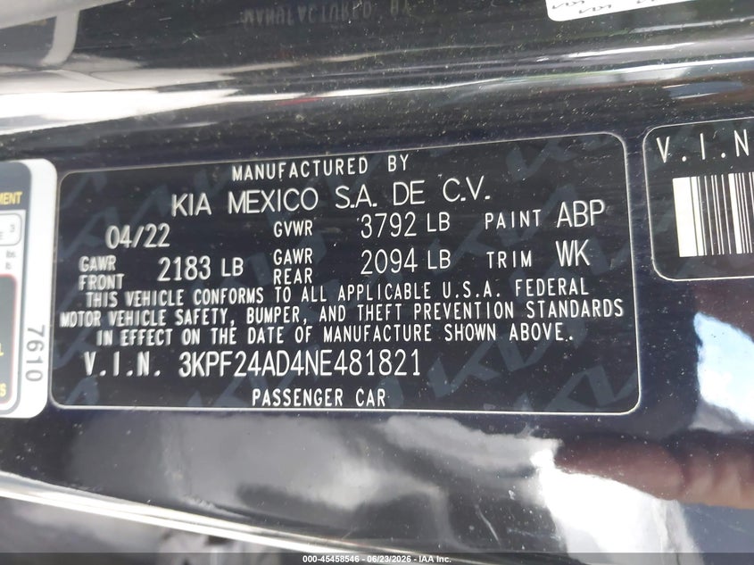 2022 Kia Forte VIN 3KPF24AD4NE481821 IAAI salvage auction — FRONT END, Salvage Title, sold $2,500 on 2026-08-27 (photo 9)