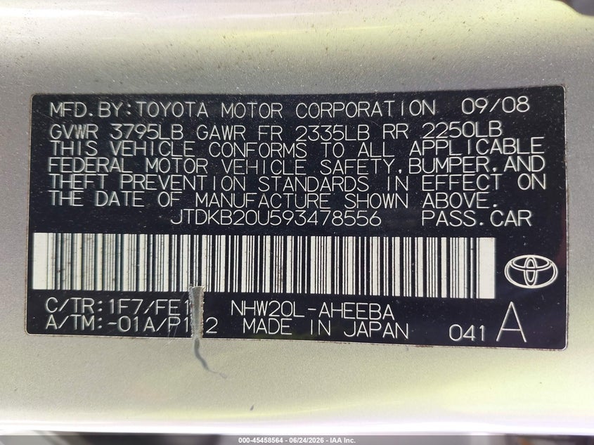 2009 Toyota Prius VIN JTDKB20U593478556 IAAI salvage auction — SIDE, Bill Of Sale (Washington), sold $375 on 2026-07-22 (photo 9)