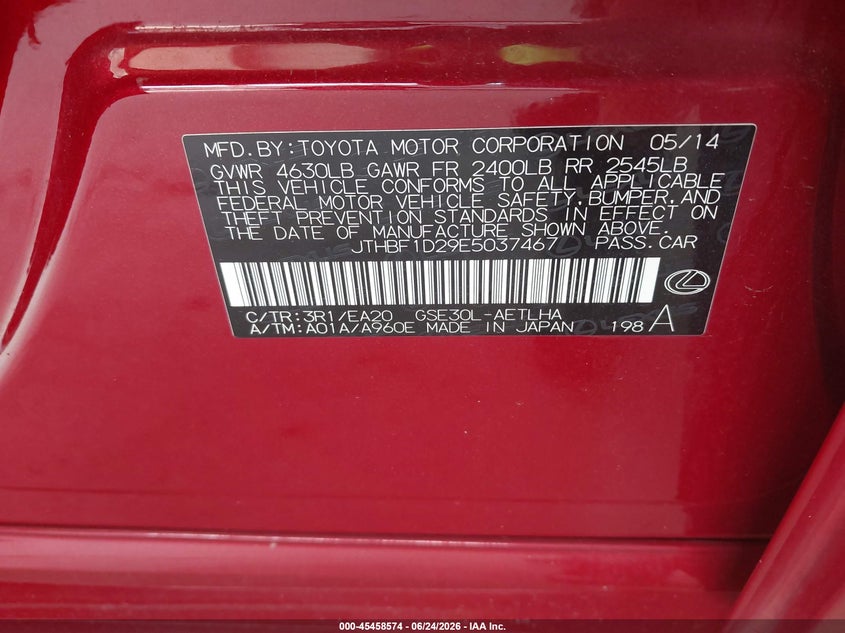 2014 Lexus Is VIN JTHBF1D29E5037467 IAAI salvage auction — REAR END, Salvage Title, sold $2,500 on 2026-07-29 (photo 9)