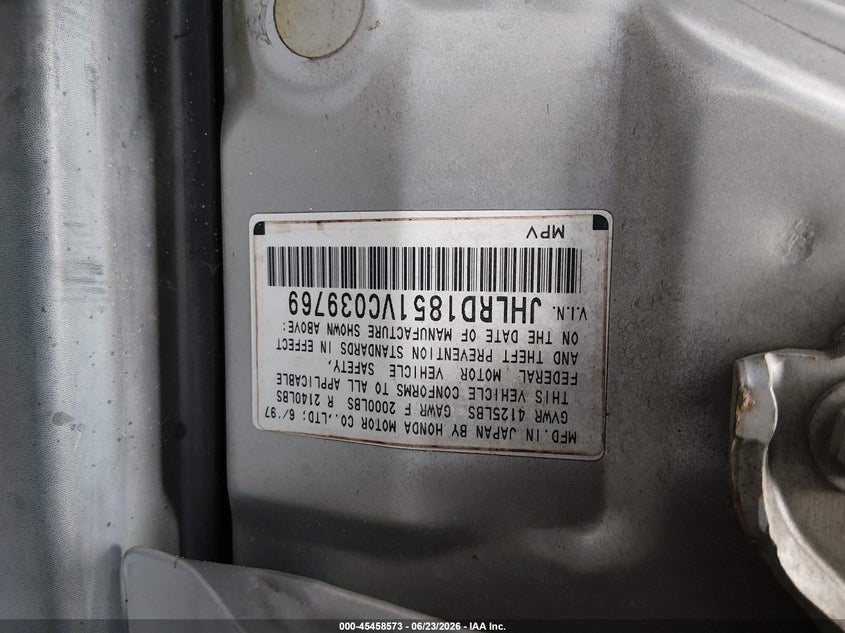 1997 Honda Cr-v VIN JHLRD1851VC039769 IAAI salvage auction — FRONT END, Rebuildable (Florida), sold $450 on 2026-07-09 (photo 9)