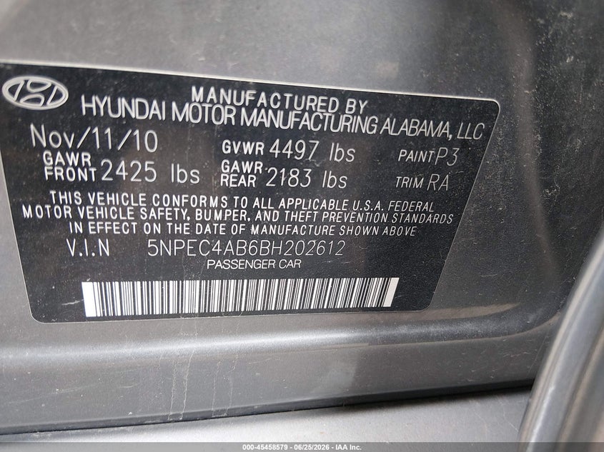 2011 Hyundai Sonata VIN 5NPEC4AB6BH202612 IAAI salvage auction — FRONT END, Salvage (Ohio), sold $1,125 on 2026-07-14 (photo 9)