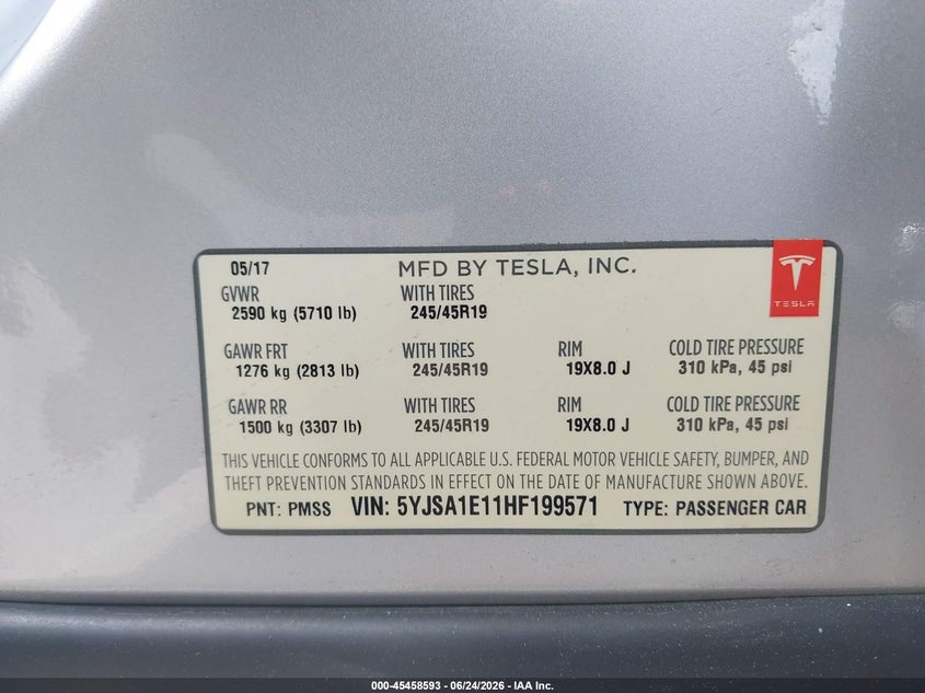 2017 Tesla Model s VIN 5YJSA1E11HF199571 IAAI salvage auction — LEFT REAR, Salvage (California), sold $7,500 on 2026-09-04 (photo 9)