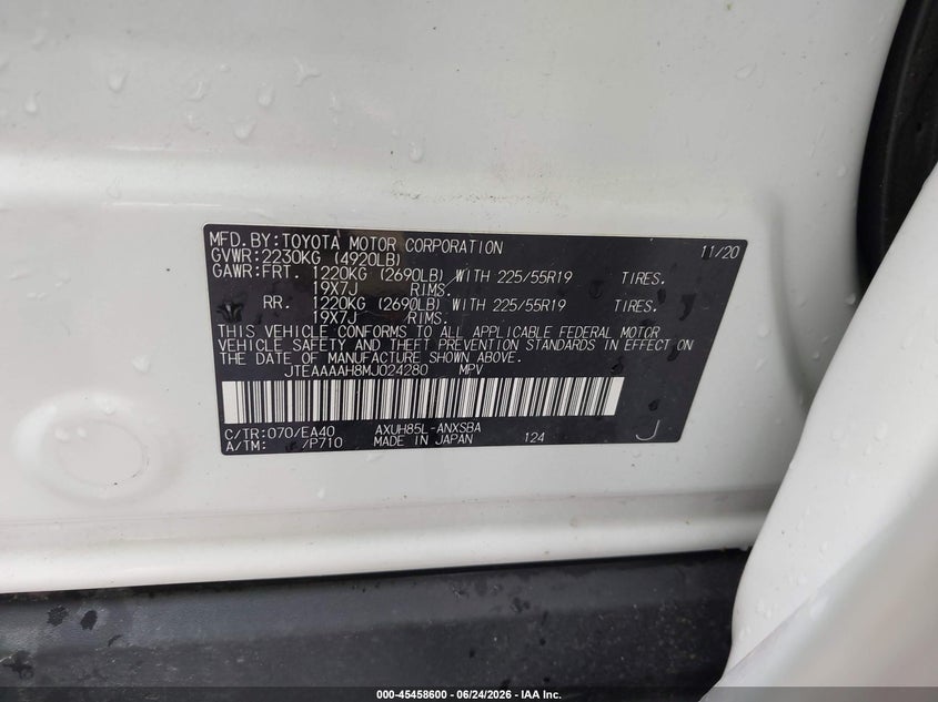 2021 Toyota Venza VIN JTEAAAAH8MJ024280 IAAI salvage auction — FRONT END, Salvage Title, sold $12,600 on 2026-07-30 (photo 9)