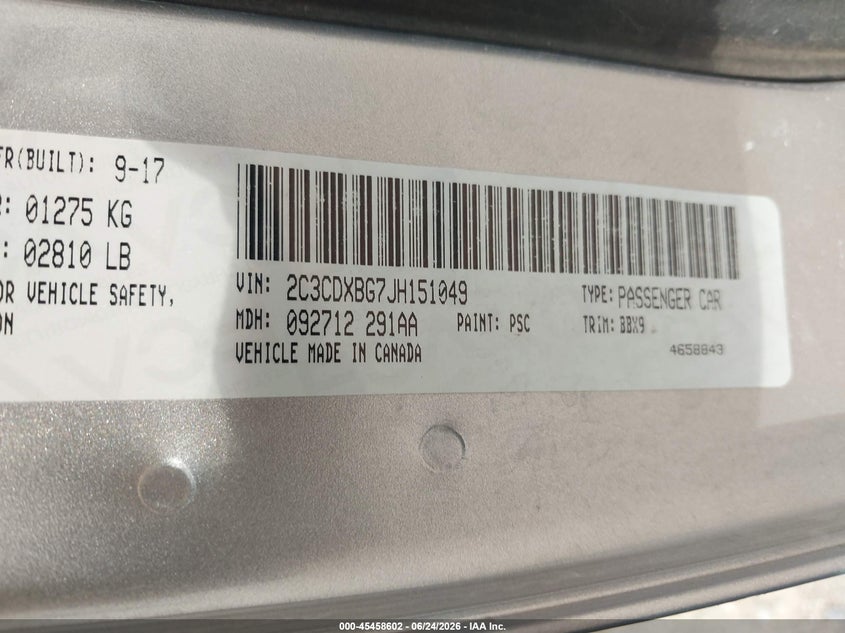 2018 Dodge Charger VIN 2C3CDXBG7JH151049 IAAI salvage auction — FRONT END, Salvage Title, sold $1,250 on 2026-08-07 (photo 9)