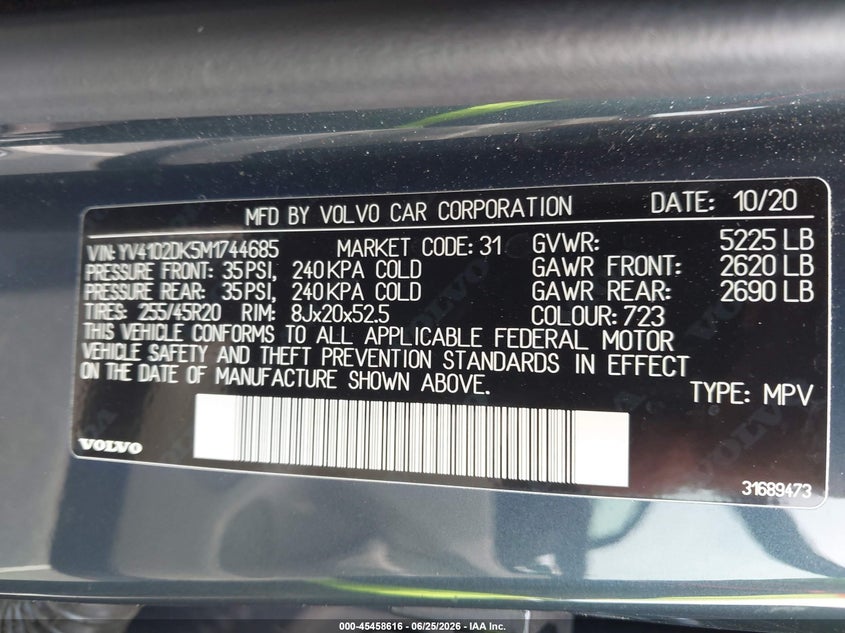 2021 Volvo Xc60 VIN YV4102DK5M1744685 IAAI salvage auction — SIDE, Salvage (North Carolina), sold $12,900 on 2026-07-31 (photo 9)