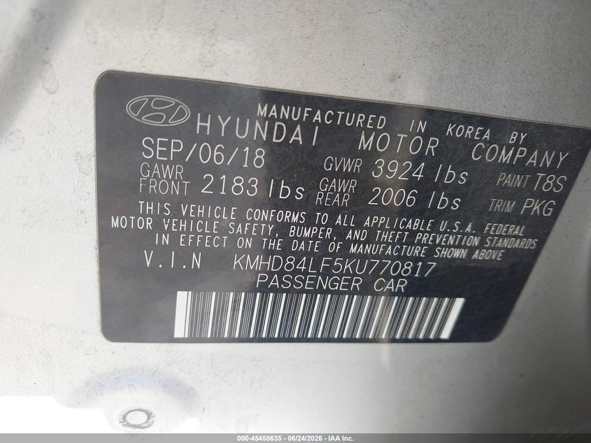 2019 Hyundai Elantra VIN KMHD84LF5KU770817 IAAI salvage auction — RIGHT FRONT, Salvage (Arizona), sold $1,325 on 2026-07-23 (photo 9)