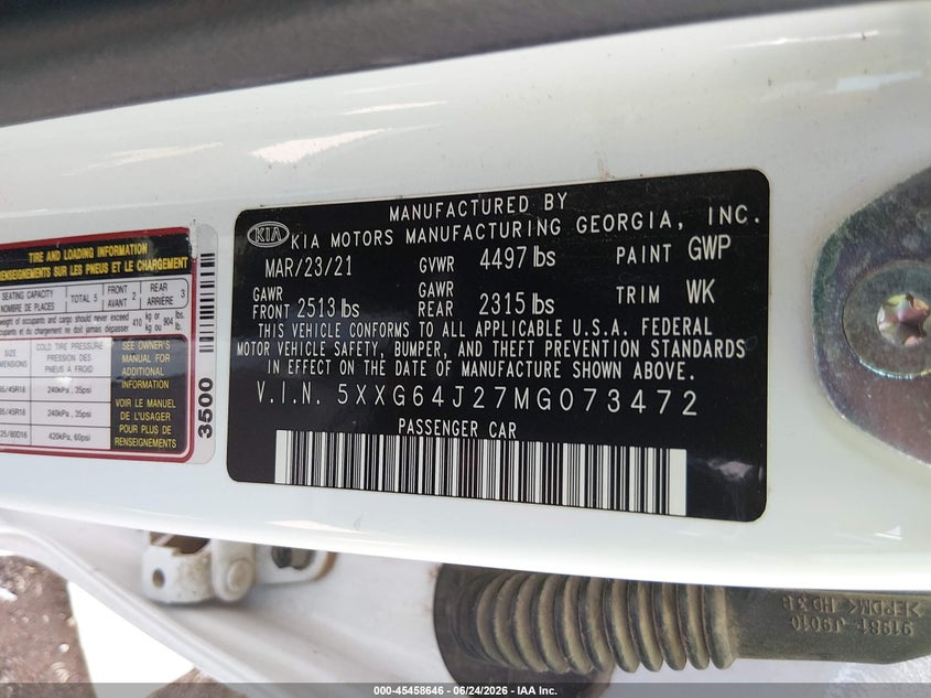 2021 Kia K5 VIN 5XXG64J27MG073472 IAAI salvage auction — LEFT SIDE, Salvage Title, sold $6,700 on 2026-07-23 (photo 9)
