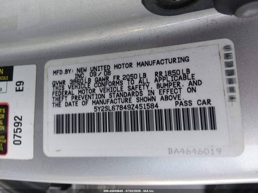 2009 Pontiac Vibe VIN 5Y2SL67849Z451584 IAAI salvage auction — NORMAL WEAR, Original (Ohio), sold $25 on 2026-07-21 (photo 9)