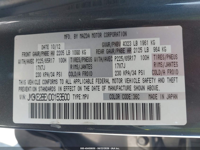 2013 Mazda Cx-5 VIN JM3KE2BEXD0153500 IAAI salvage auction — FRONT END, Clear - Dealer Only (California), sold $2,200 on 2026-07-08 (photo 9)
