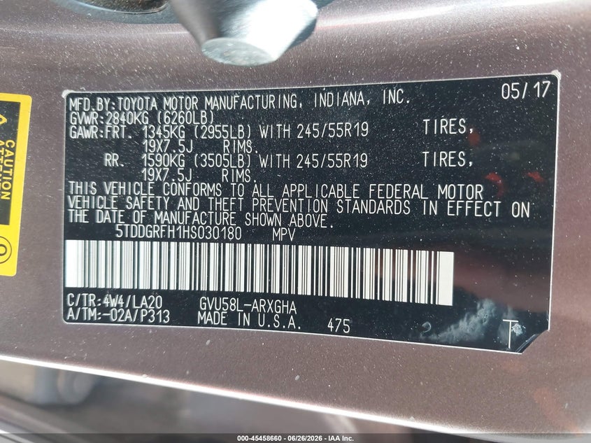 2017 Toyota Highlander VIN 5TDDGRFH1HS030180 IAAI salvage auction — REAR END, Salvage (Colorado), sold $5,700 on 2026-08-07 (photo 9)