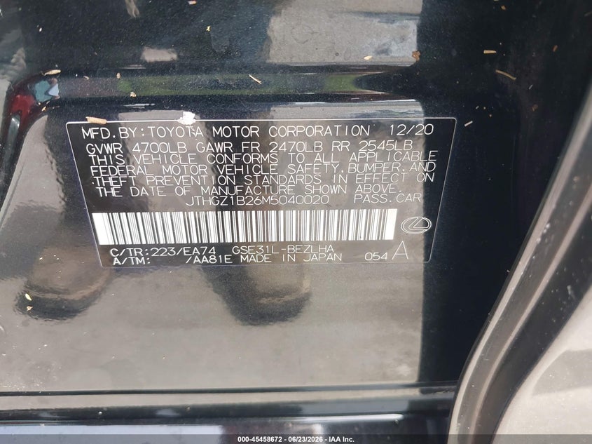 2021 Lexus VIN JTHGZ1B26M5040020 IAAI salvage auction — WATER/FLOOD, Salvage Title, sold $16,000 on 2026-08-01 (photo 9)