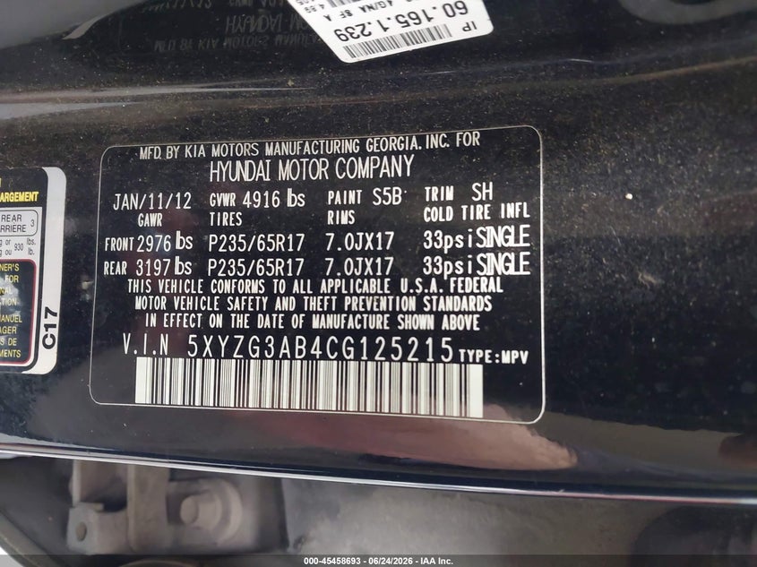 2012 Hyundai Santa fe VIN 5XYZG3AB4CG125215 IAAI salvage auction — RIGHT FRONT, Rebuildable (Florida), sold $875 on 2026-07-09 (photo 9)