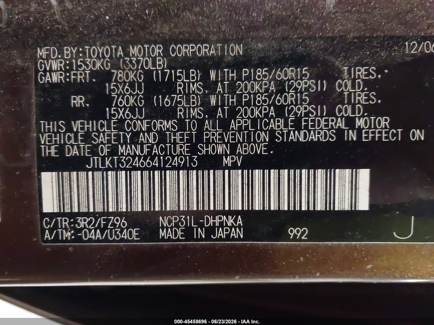 2006 Scion Xb VIN JTLKT324664124913 IAAI salvage auction — NORMAL WEAR, Original (Maine), sold $275 on 2026-07-27 (photo 9)