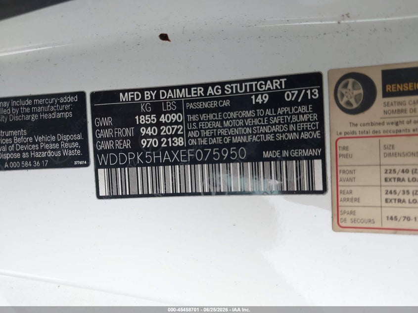 2014 Mercedes-benz Slk-klasse VIN WDDPK5HAXEF075950 IAAI salvage auction — FRONT & REAR, Certificate Of Destruction (Florida), sold $850 on 2026-07-23 (photo 9)