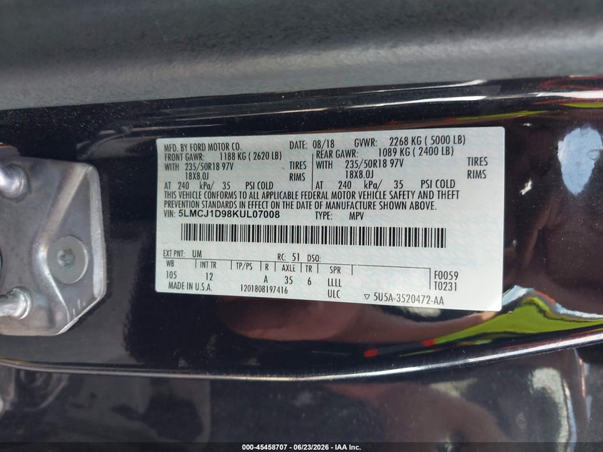 2019 Lincoln Mkc VIN 5LMCJ1D98KUL07008 IAAI salvage auction — SIDE, Clear (Alabama), sold $2,900 on 2026-07-17 (photo 9)