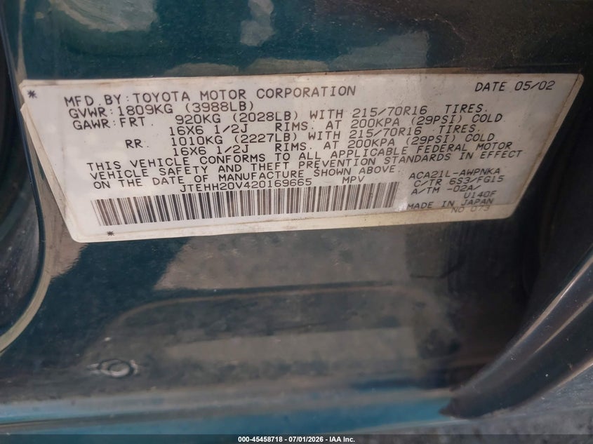 2002 Toyota Rav4 VIN JTEHH20V420169665 IAAI salvage auction — FRONT END, Salvage (Georgia), sold $375 on 2026-07-30 (photo 9)