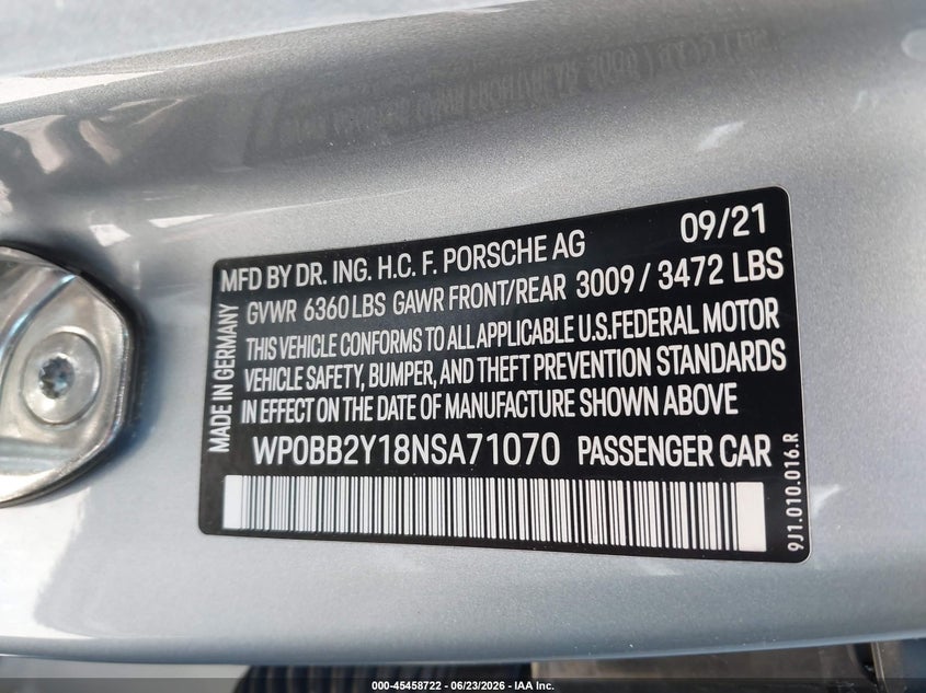 2022 Porsche VIN WP0BB2Y18NSA71070 IAAI salvage auction — FRONT END, Salvage Title, sold $22,700 on 2026-08-25 (photo 9)