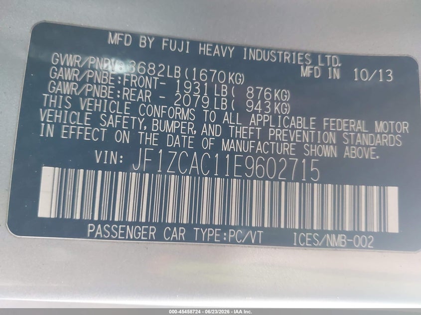 2014 Subaru Brz VIN JF1ZCAC11E9602715 IAAI salvage auction — FRONT END, Salvage (California), sold $2,300 on 2026-07-13 (photo 9)
