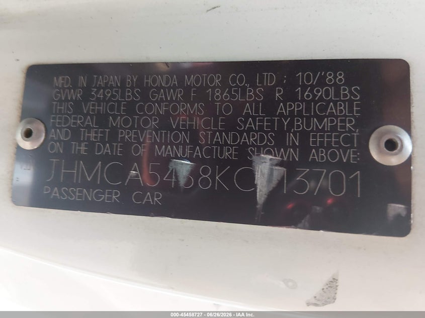 1989 Honda Accord VIN JHMCA5468KC013701 IAAI salvage auction — NORMAL WEAR, Clear (Arizona), sold $600 on 2026-07-07 (photo 9)