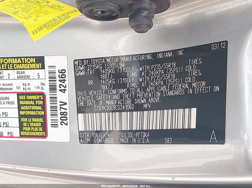 2012 Toyota Sienna VIN 5TDYK3DC9CS241060 IAAI salvage auction — FRONT END, Clear (Indiana), sold $3,000 on 2026-08-01 (photo 9)