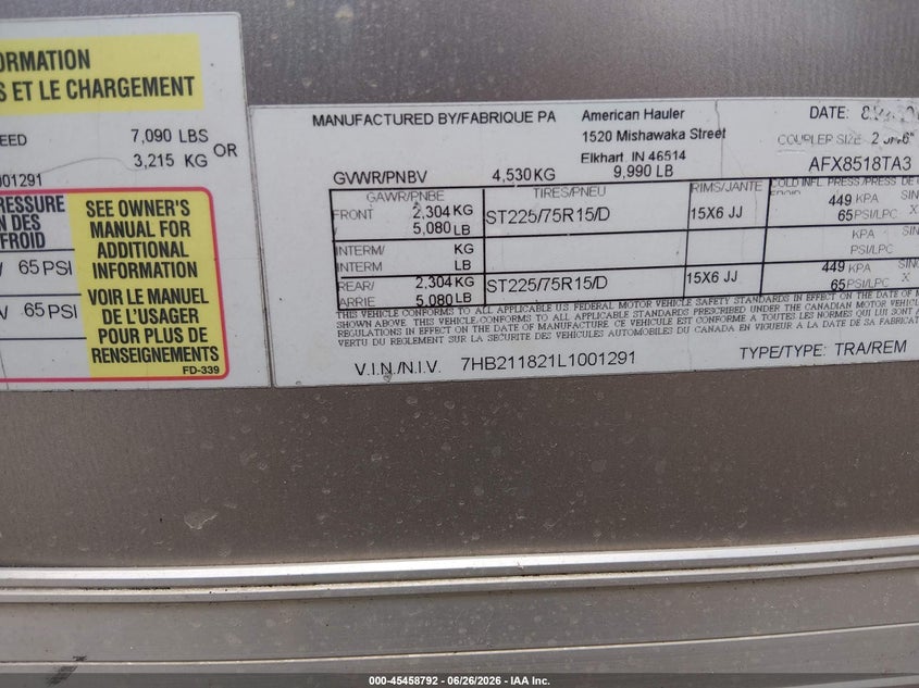 2020 Falcon trailerworks inc Other VIN 7HB211821L1001291 IAAI salvage auction — REAR END, Bill Of Sale (Ohio), sold $150 on 2026-07-07 (photo 9)
