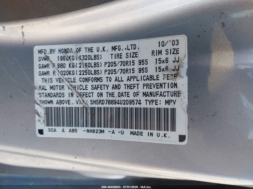 2004 Honda Cr-v VIN SHSRD78894U209574 IAAI salvage auction — RIGHT FRONT, Salvage (Idaho), sold $525 on 2026-07-28 (photo 9)