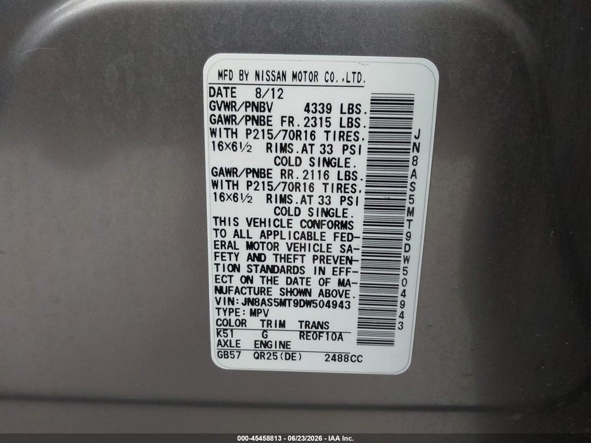 2013 Nissan Rogue VIN JN8AS5MT9DW504943 IAAI salvage auction — RIGHT FRONT, Salvage Title, sold $800 on 2026-07-29 (photo 9)