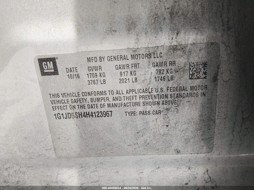 2017 Chevrolet SONIC VIN 1G1JD5SH4H4123967 IAAI salvage auction — NORMAL WEAR, Clear (North Carolina), sold $450 on 2026-07-05 (photo 9)