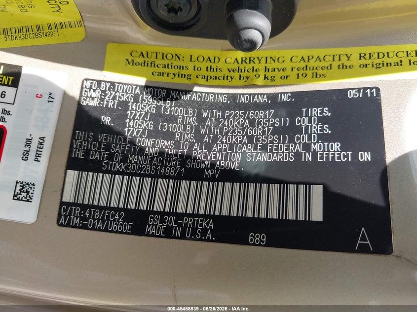 2011 Toyota Sienna VIN 5TDKK3DC2BS148871 IAAI salvage auction — NORMAL WEAR, Clear (Louisiana), sold $1,200 on 2026-07-20 (photo 9)