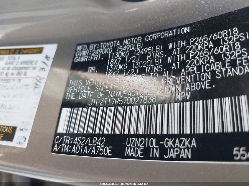 2007 Toyota 4runner VIN JTEZT17R570027838 IAAI salvage auction — NORMAL WEAR, Original (Texas), sold $3,500 on 2026-07-20 (photo 9)