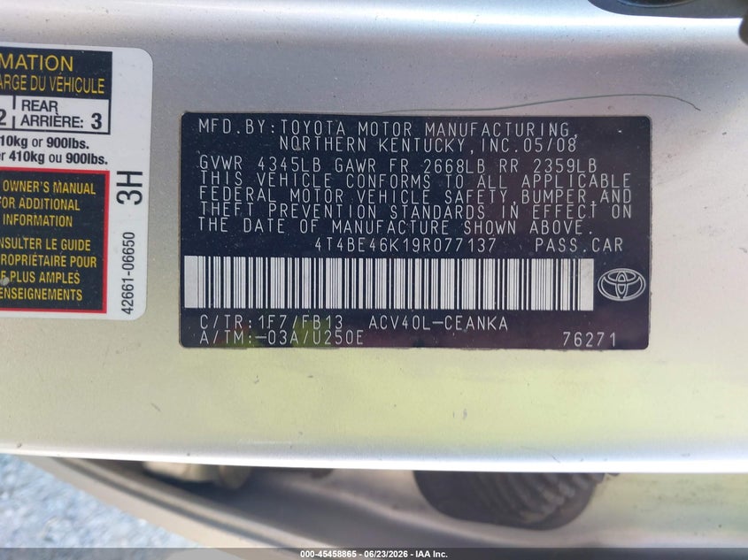 2009 Toyota Camry VIN 4T4BE46K19R077137 IAAI salvage auction — REAR END, Salvage (California), sold $1,225 on 2026-07-09 (photo 9)