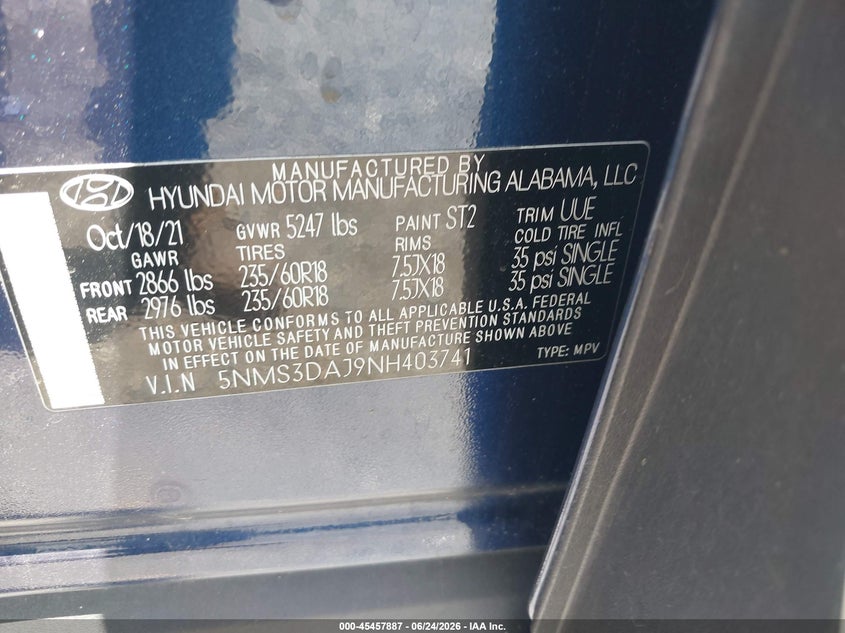 2022 Hyundai Santa fe VIN 5NMS3DAJ9NH403741 IAAI salvage auction — LEFT FRONT, Salvage Title, sold $9,975 on 2026-08-24 (photo 9)