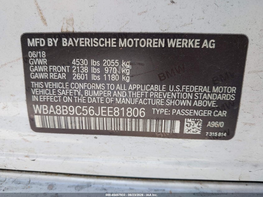 2018 BMW 3er VIN WBA8B9C56JEE81806 IAAI salvage auction — FRONT END, Rebuildable (Florida), sold $650 on 2026-07-23 (photo 9)