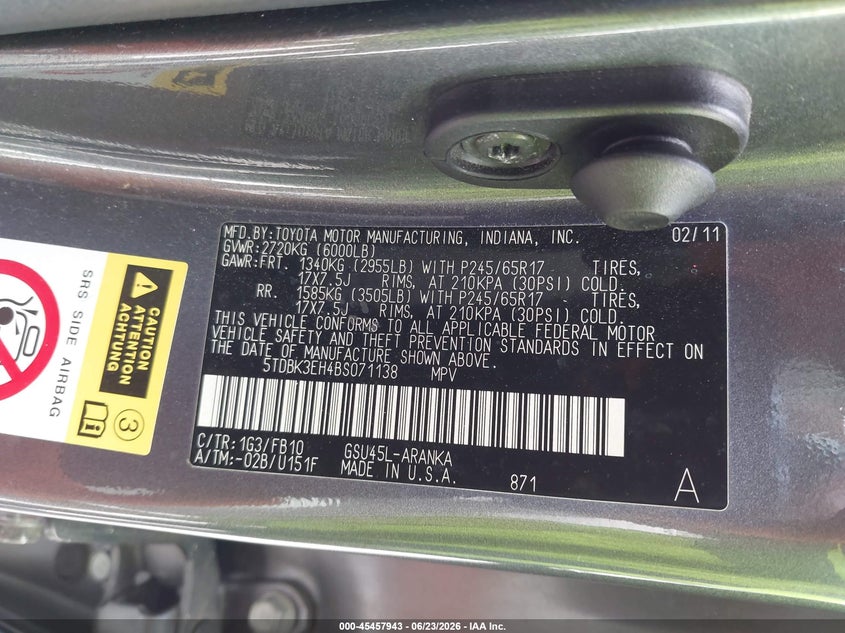 2011 Toyota Highlander VIN 5TDBK3EH4BS071138 IAAI salvage auction — ROOF, Salvage (Missouri), sold $2,000 on 2026-08-01 (photo 9)