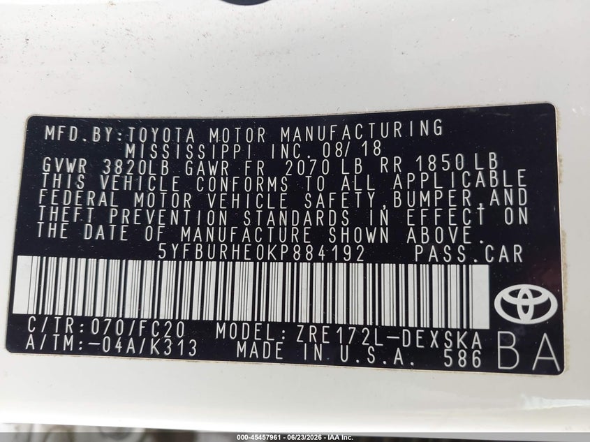 2019 Toyota Corolla VIN 5YFBURHE0KP884192 IAAI salvage auction — REAR END, Salvage (California), sold $6,500 on 2026-07-15 (photo 9)