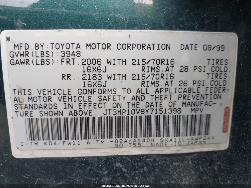 2000 Toyota Rav4 VIN JT3HP10V8Y7151398 IAAI salvage auction — NORMAL WEAR, Clear (Michigan), sold $525 on 2026-07-27 (photo 9)