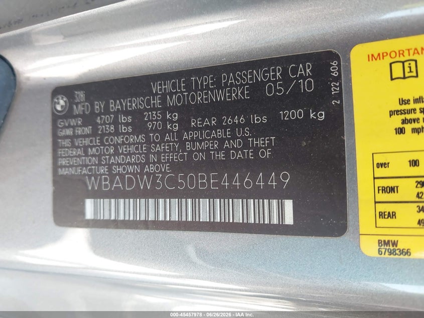 2011 BMW 3 series VIN WBADW3C50BE446449 IAAI salvage auction — FRONT END, Salvage (Texas), sold $300 on 2026-08-18 (photo 9)